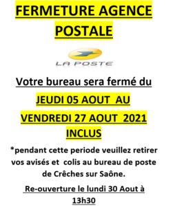 Fermeture de l agence postale du 05 août au 27 août 2021 inclus