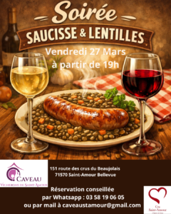 affiche pour la soirée lentilles saucisses O caveau du 27 mars 2026